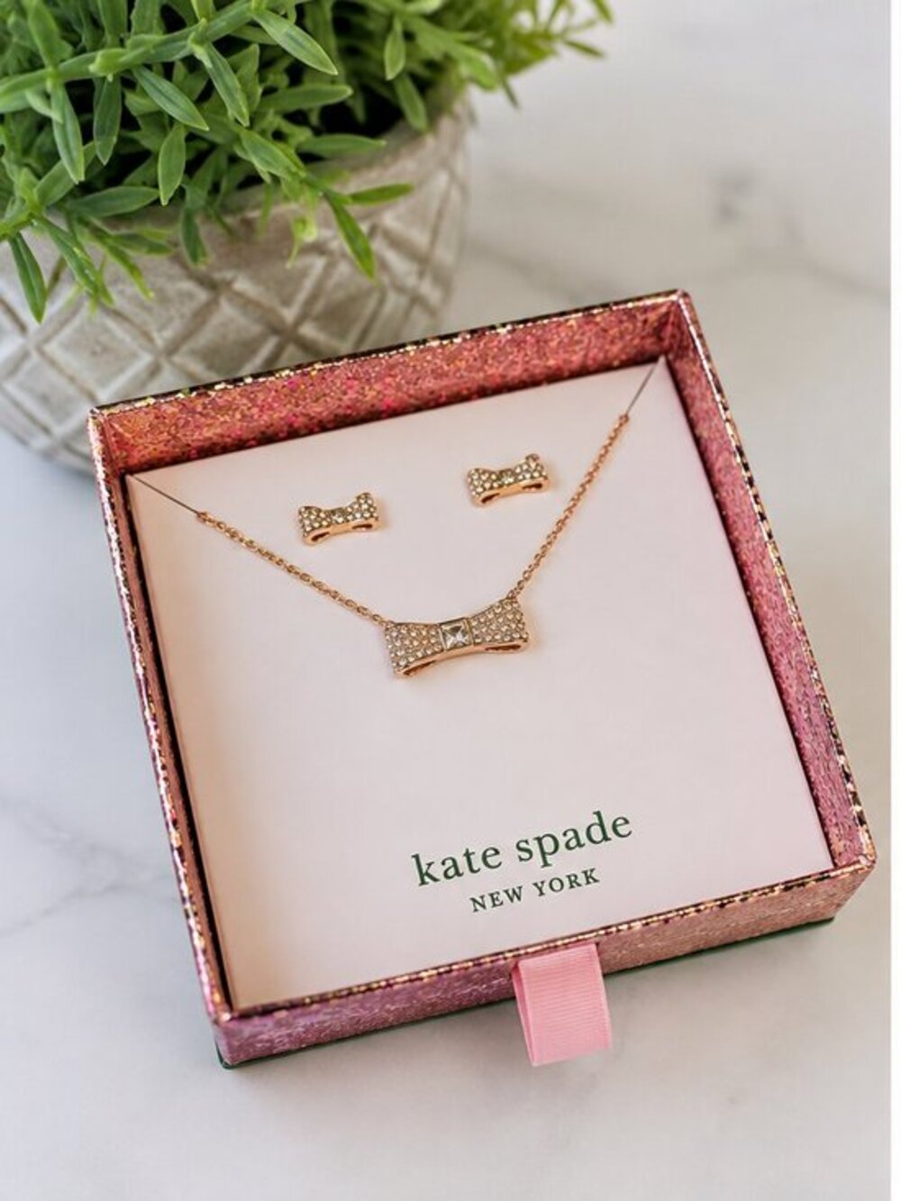Kate Spade New York Gold Bow Necklace Stud Earrings Jewelry Set NWT